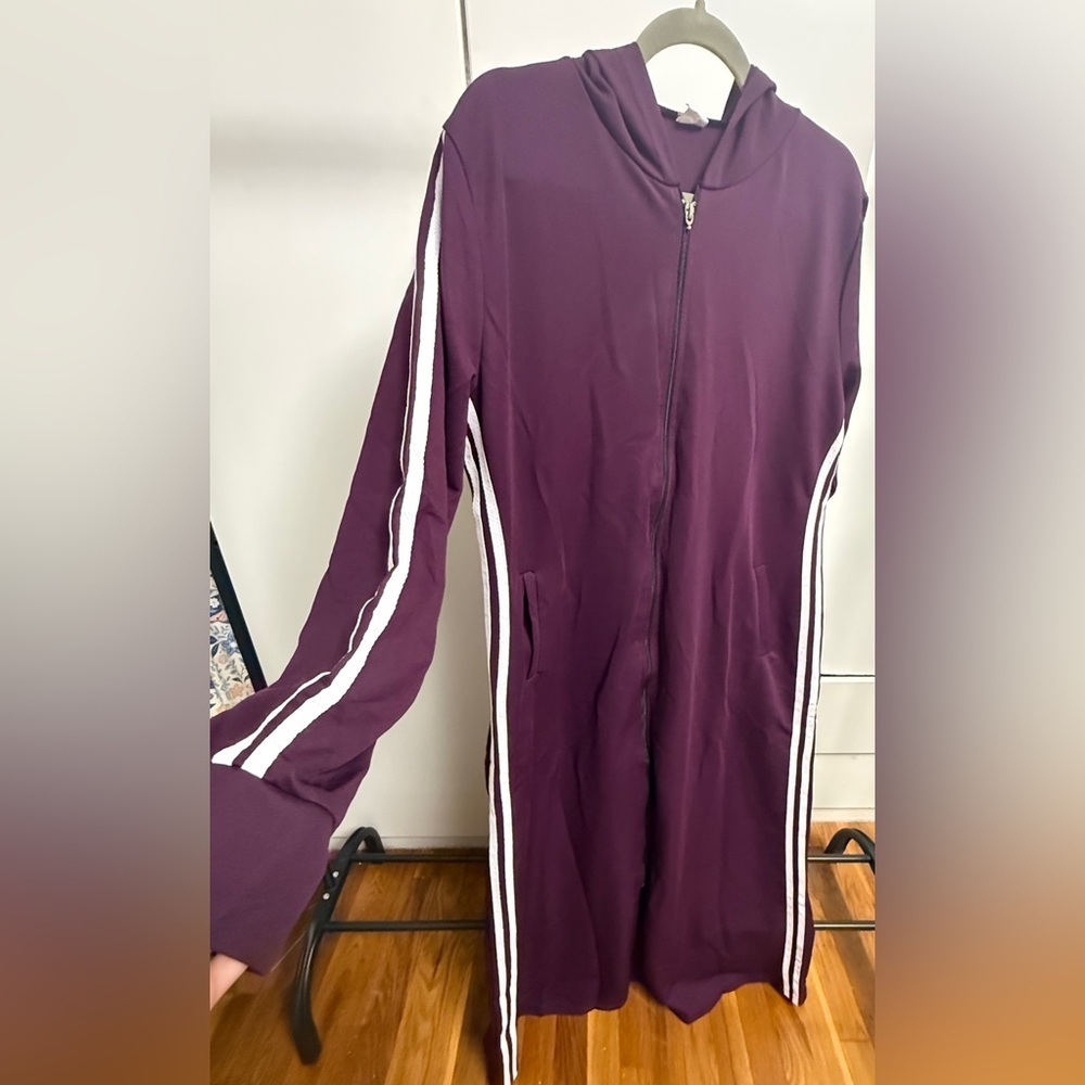 Women’s Hooded Long Jacket with Side Stripes - Plum Size 46/12US